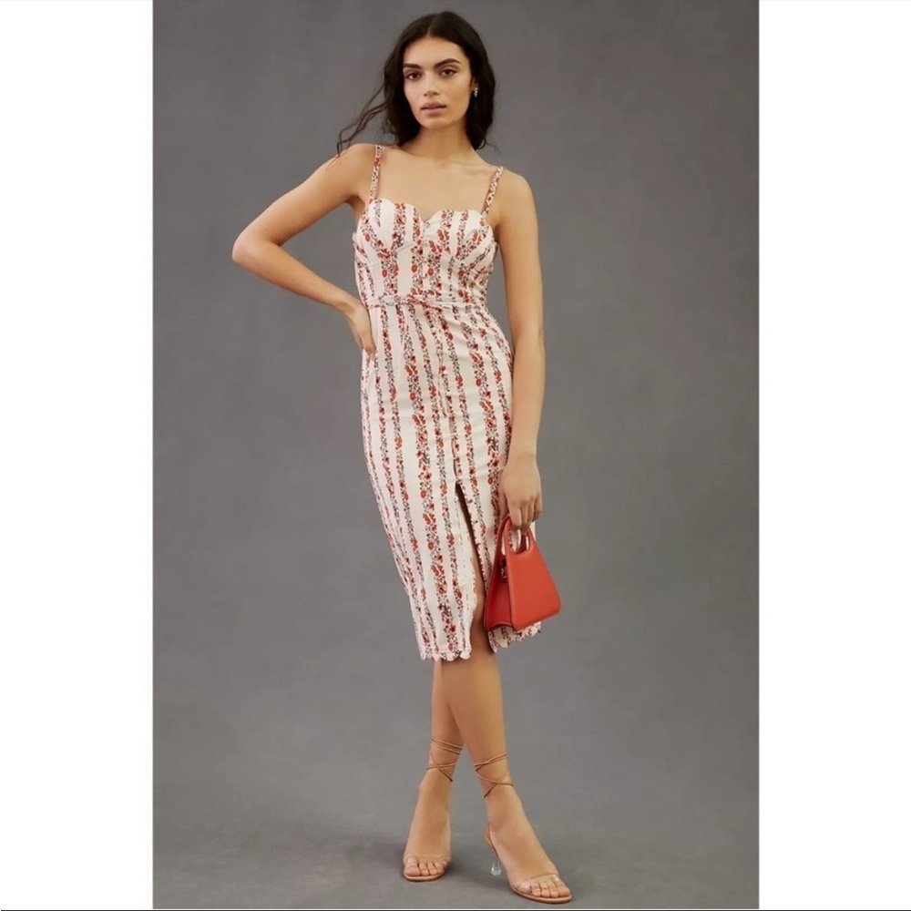Anthropologie Ivory Floral Sweetheart Midi Dress Button Front Size Size 14 NWT - Picture 5 of 6